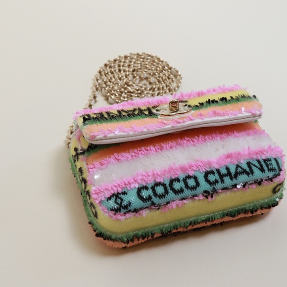 ❌SOLD❌Chanel Mini Multicolor Minaudiere Sequin Stripe Logo Summer Leather Bag - Picture 6 of 11